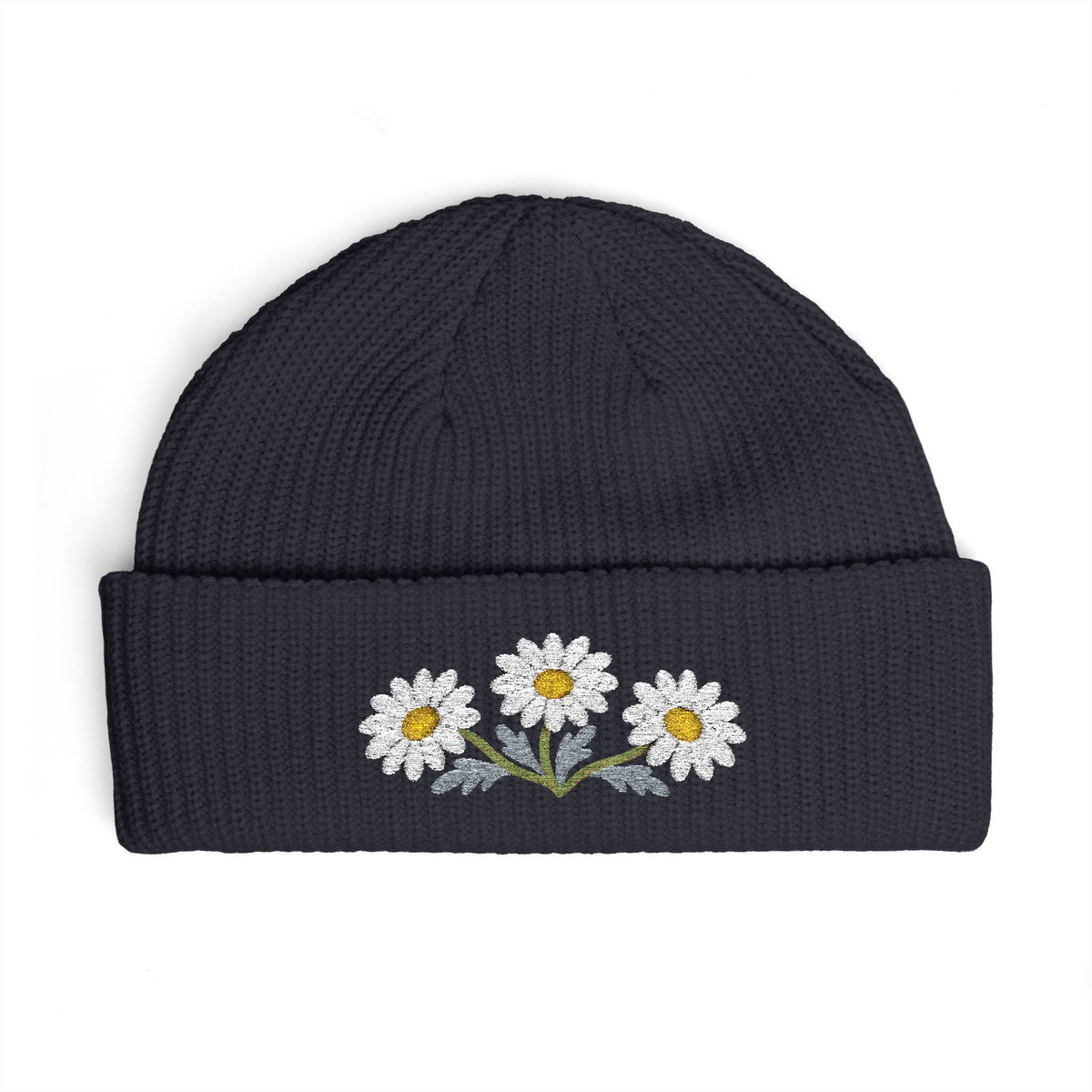 Cuffed knit beanie embroidered with the daisy, April birth flower, view 6