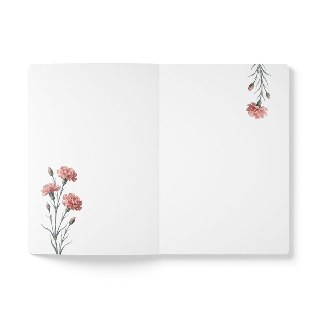 January birth flower journal with pink carnation oil painting art and lace border on a teal cover, view 5