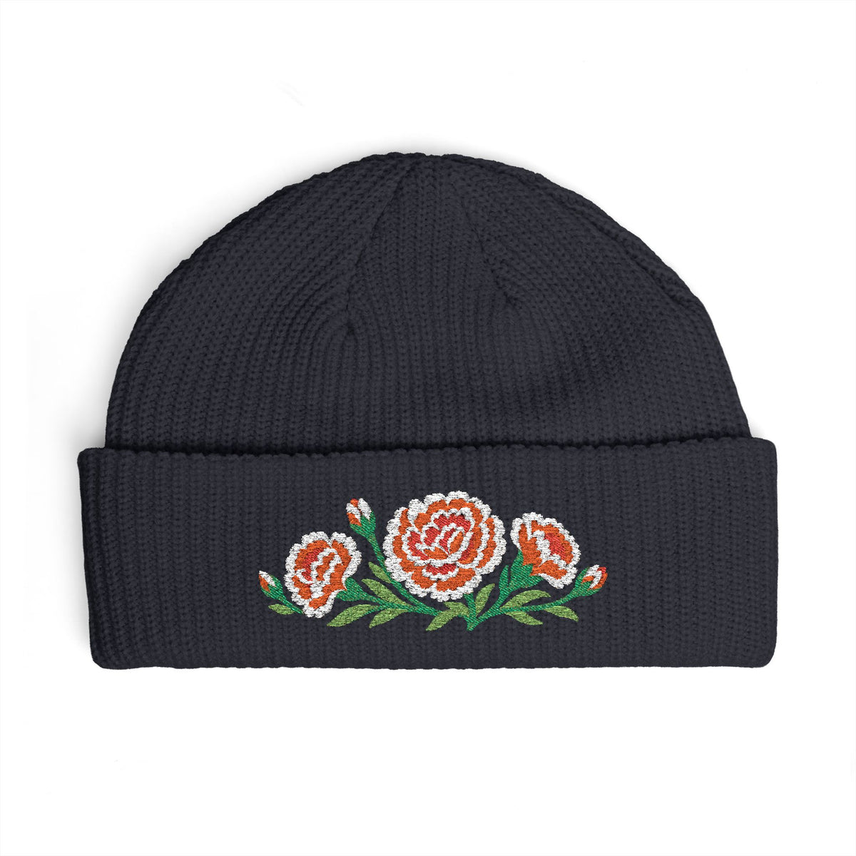 Cuffed knit beanie embroidered with the carnation, January birth flower, view 8