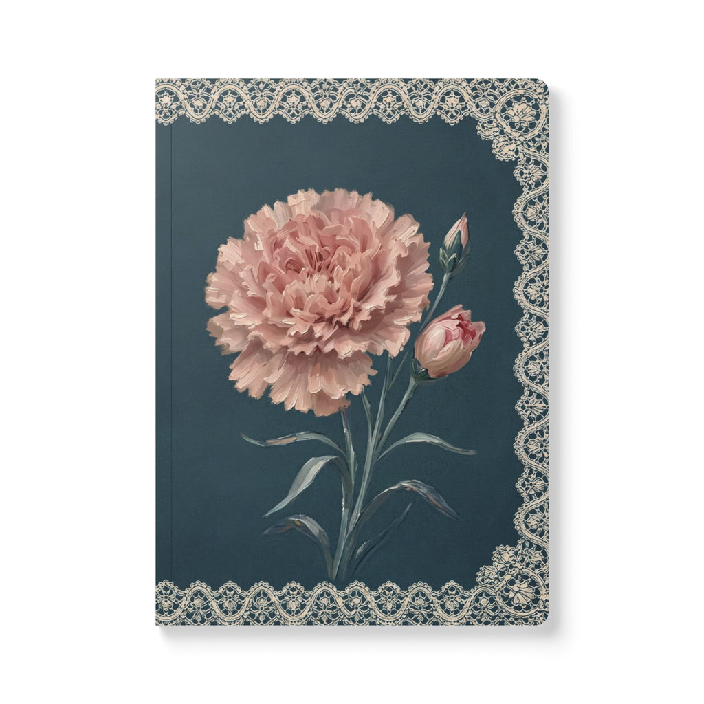 January birth flower journal with pink carnation oil painting art and lace border on a teal cover, view 2