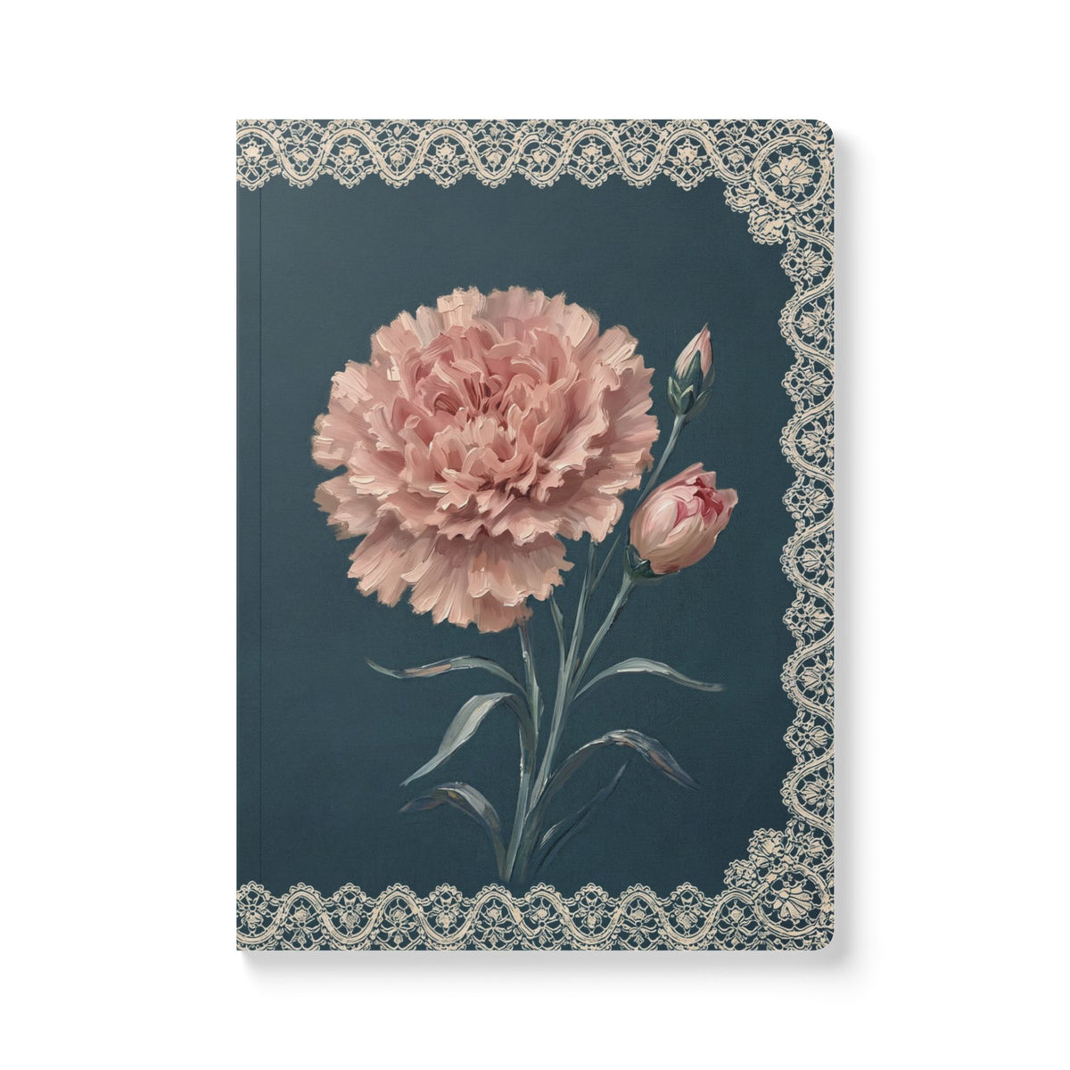 January birth flower journal with pink carnation oil painting art and lace border on a teal cover, view 2
