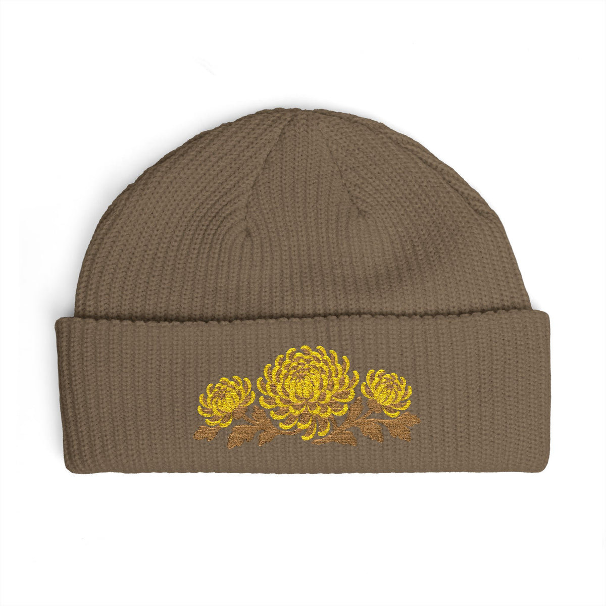 Cuffed knit beanie embroidered with the chrysanthemum, November birth flower, view 4