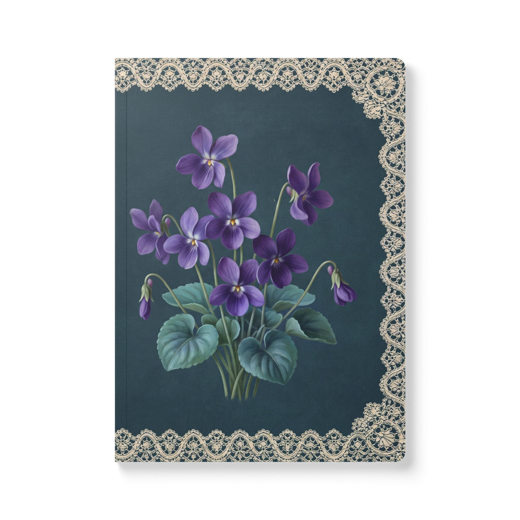February birth flower journal with purple violet oil painting art and lace border on a teal cover, view 2