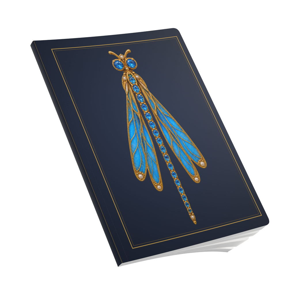 Jeweled blue topaz dragonfly journal with vintage brooch art on a navy cover, December birthstone gift, view 9