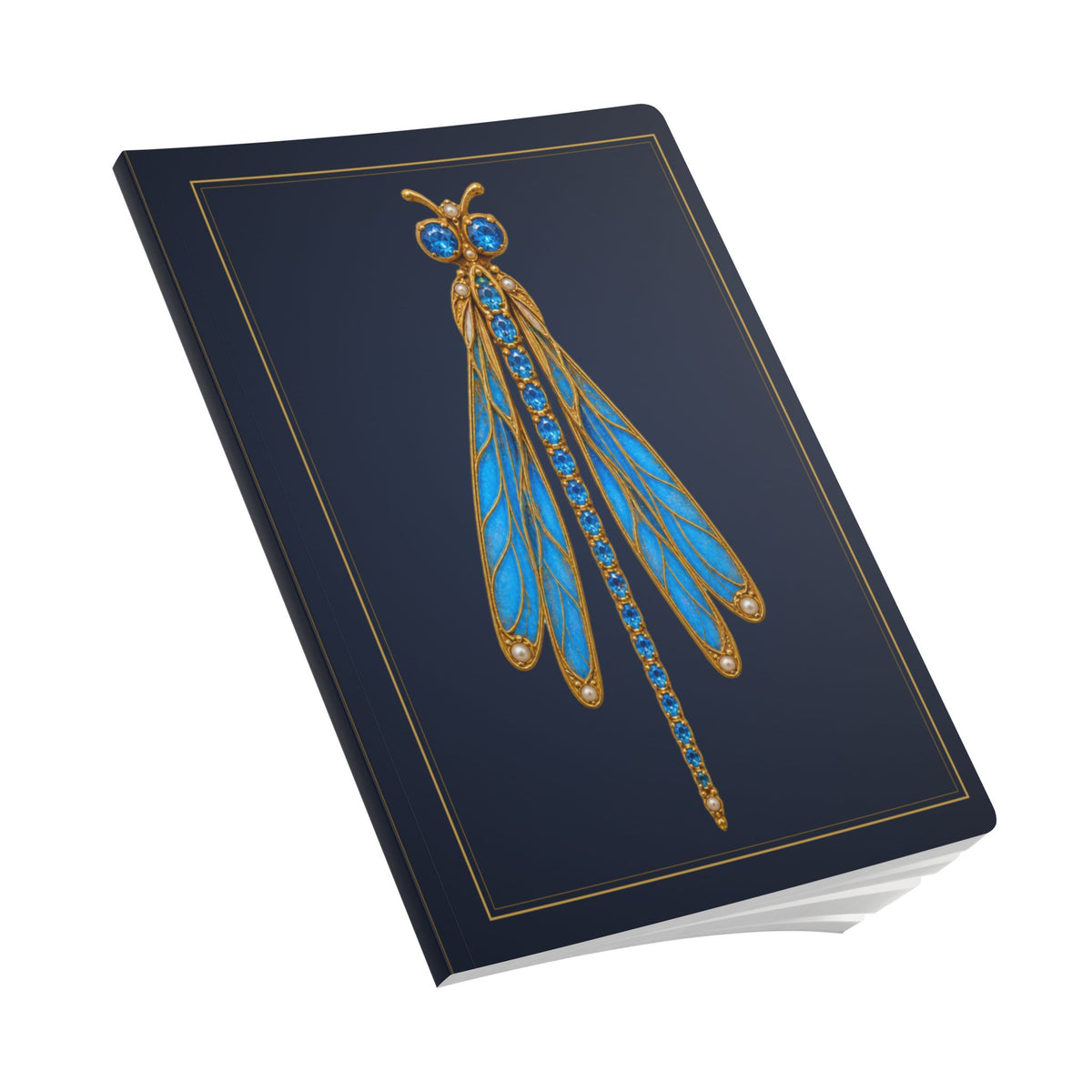 Jeweled blue topaz dragonfly journal with vintage brooch art on a navy cover, December birthstone gift, view 9