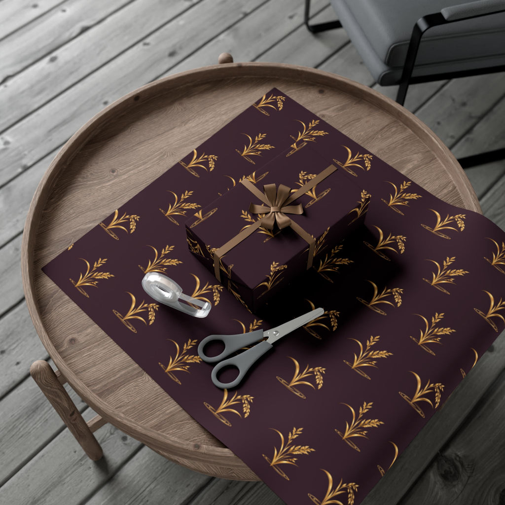 Elegant holiday wrapping paper with gold reeds and ducks on deep plum, view 8