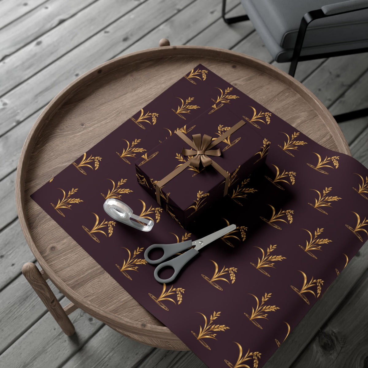 Elegant holiday wrapping paper with gold reeds and ducks on deep plum, view 8