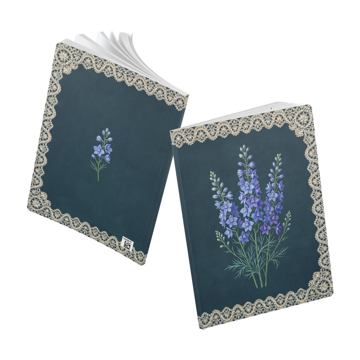 July birth flower journal with blue larkspur oil painting art and lace border on a teal cover