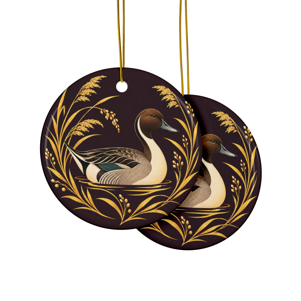 1960s-style pintail duck ceramic ornament in plum and gold, view 7
