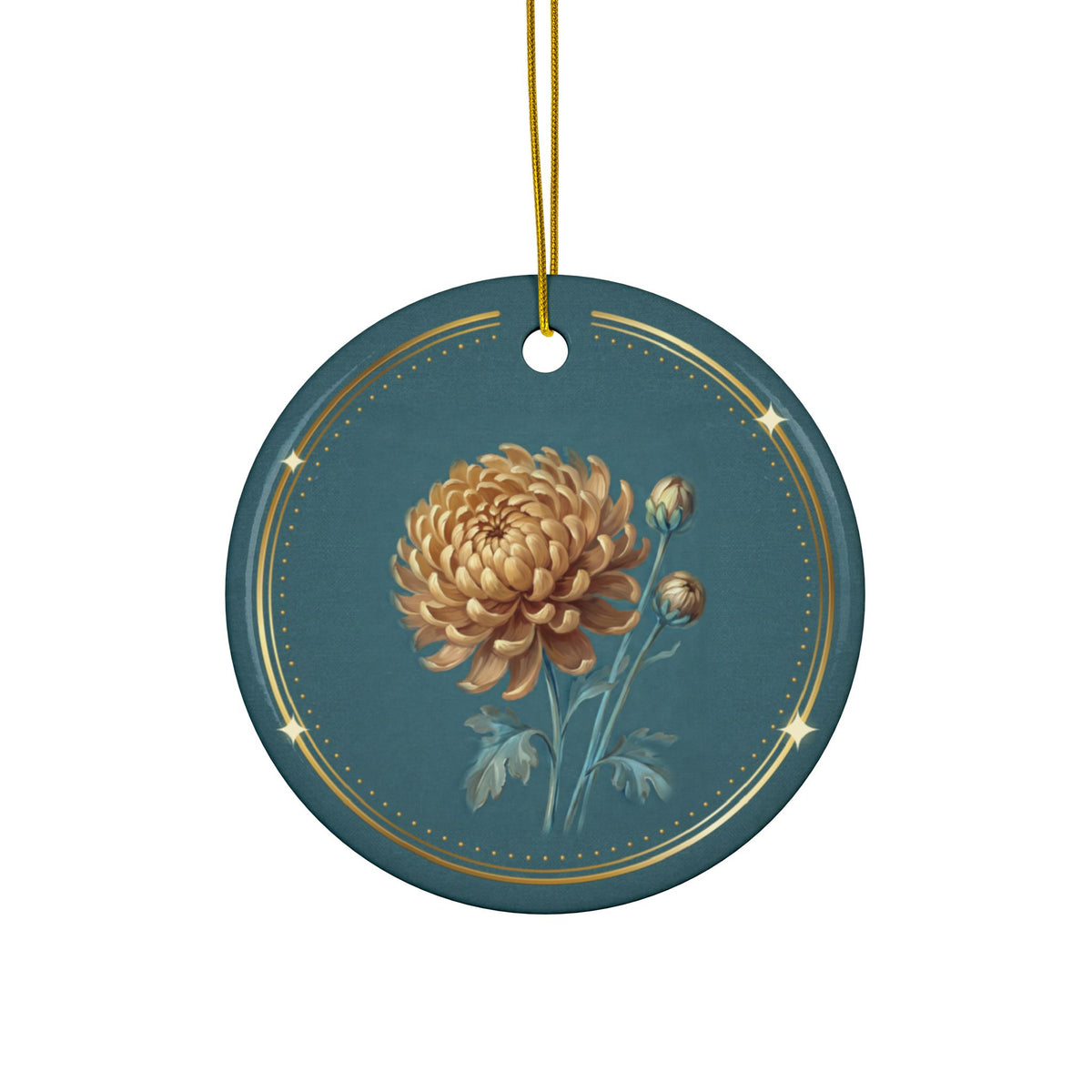 Personalized ceramic Christmas ornament with golden chrysanthemum, the November birth flower, view 3