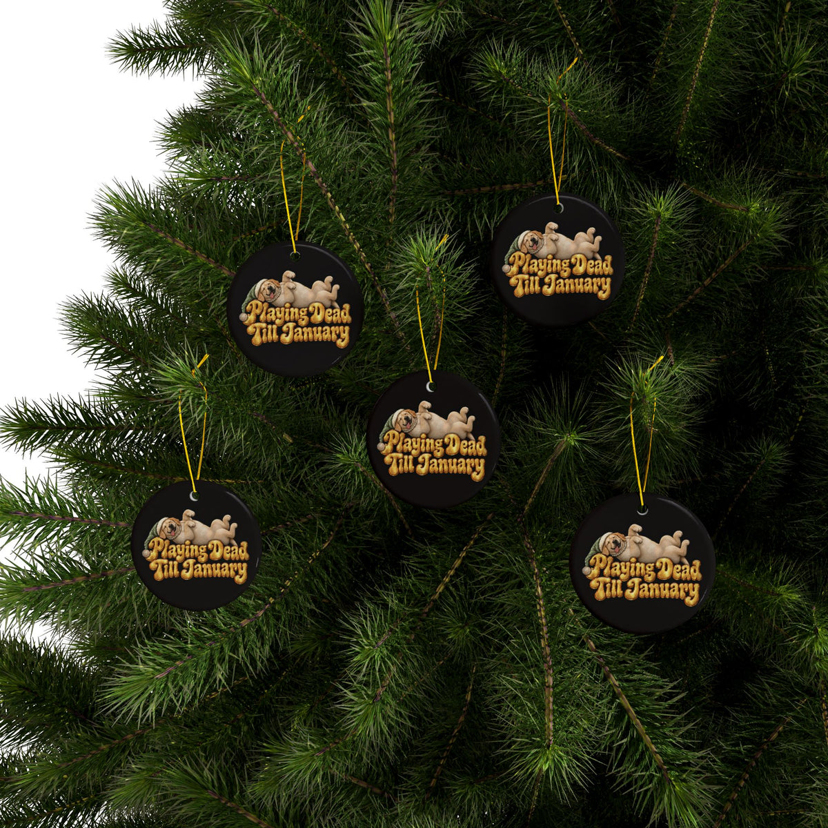 Playing Dead Till January Yellow Lab Ornament, Funny Christmas Ornament, Labrador Lover Gift, Dog Mom Gift, Plum Noir Ceramic Ornament