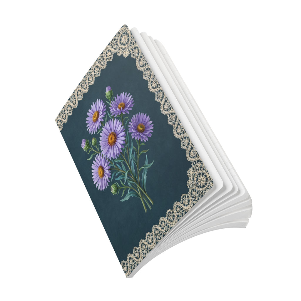 September birth flower journal with purple aster oil painting art and lace border on a teal cover, view 10