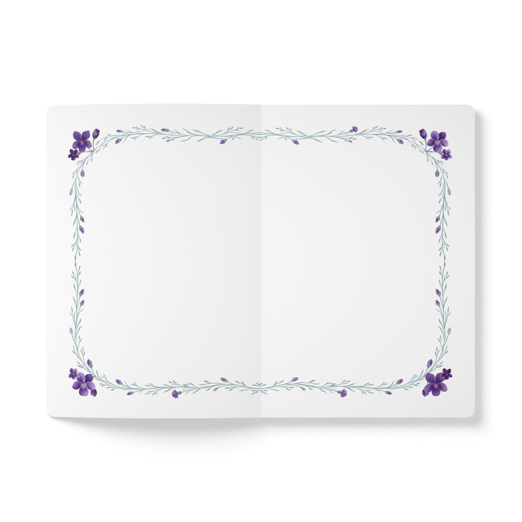 February birth flower journal with purple violet oil painting art and lace border on a teal cover, view 6