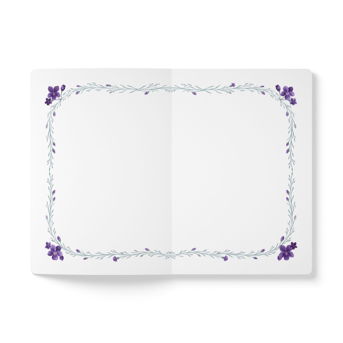 February birth flower journal with purple violet oil painting art and lace border on a teal cover, view 6