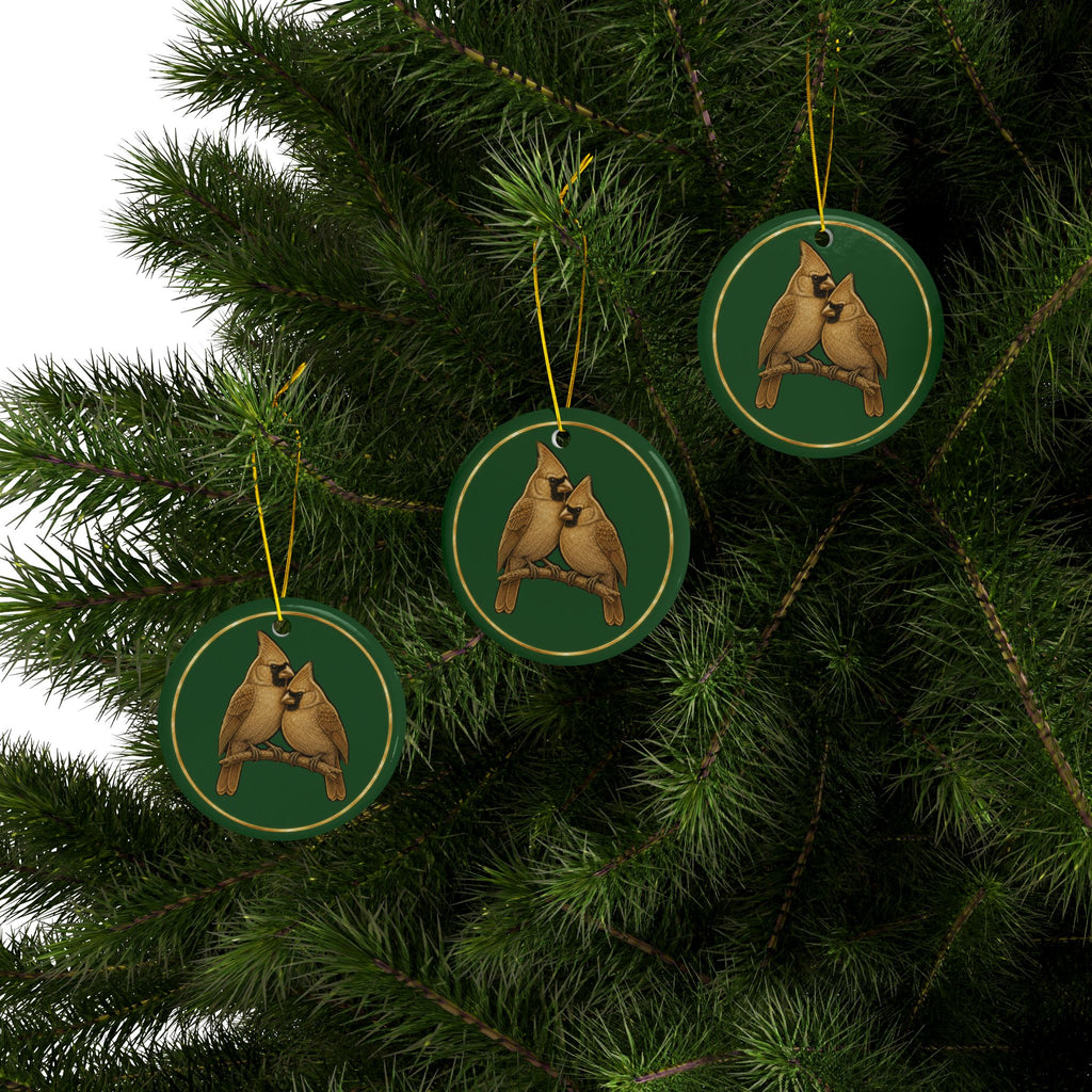 Cardinals Ornament, Woodland Creatures Christmas Ornament, Green and Gold Ceramic Ornament, Couples Gift