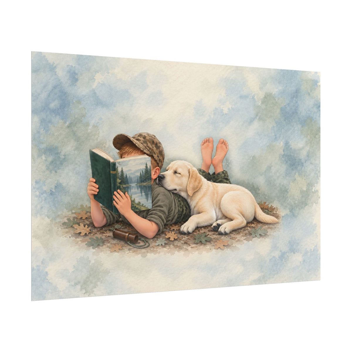 Storybook nursery poster of a boy reading with his yellow lab, view 4