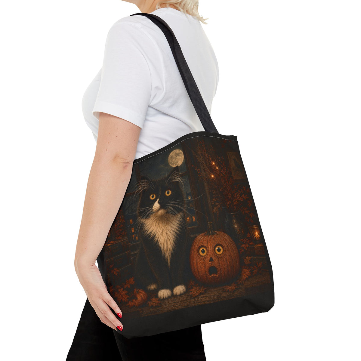 Frazzled tuxedo cat and vintage pumpkin tote bag, view 5