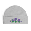 Cuffed knit beanie embroidered with the violet, February birth flower, view 4
