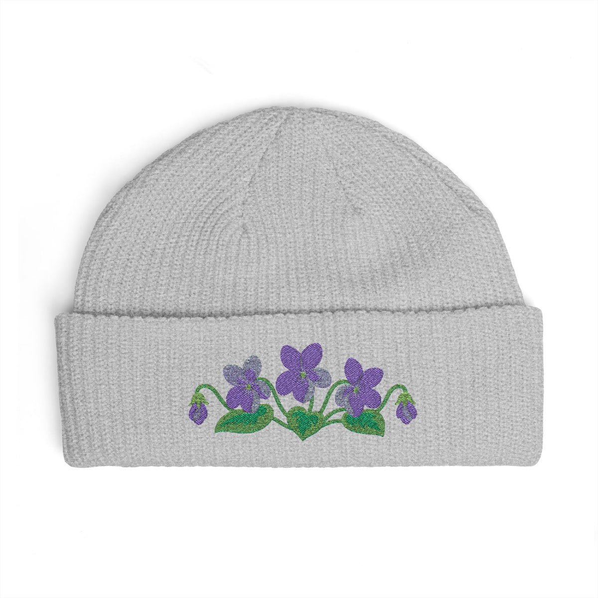 Cuffed knit beanie embroidered with the violet, February birth flower, view 4
