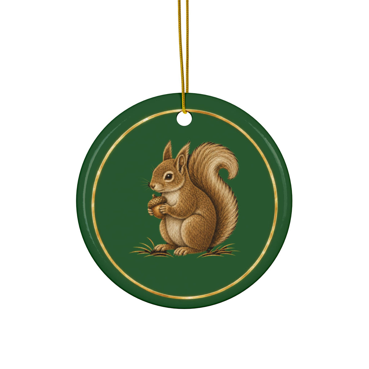 Squirrel Ornament, Woodland Creatures Christmas Ornament, Green and Gold Ceramic Ornament, Squirrel Gift