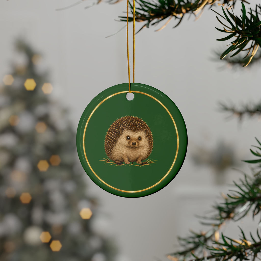 Hedgehog Ornament, Woodland Creatures Christmas Ornament, Green and Gold Ceramic Ornament, Hedgehog Gift