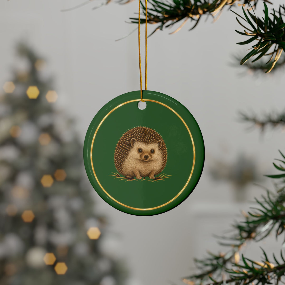 Hedgehog Ornament, Woodland Creatures Christmas Ornament, Green and Gold Ceramic Ornament, Hedgehog Gift