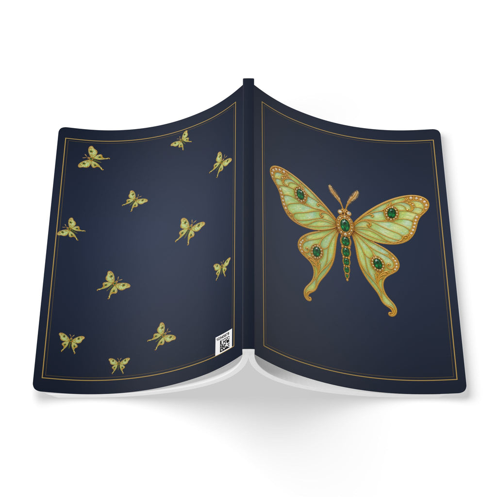 Jeweled emerald luna moth journal with vintage brooch art on a navy cover, May birthstone gift, view 8