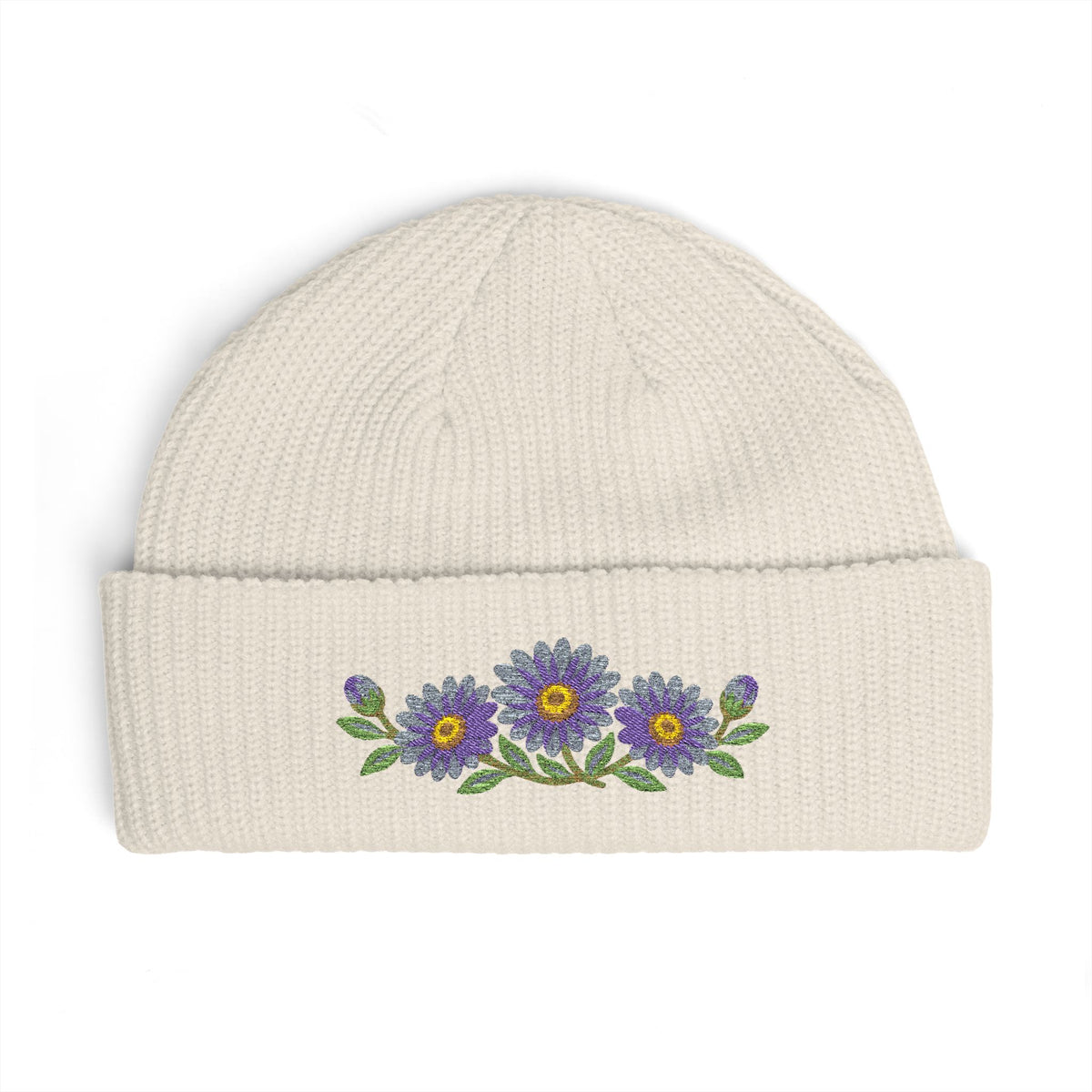 Cuffed knit beanie embroidered with the aster, September birth flower, view 3