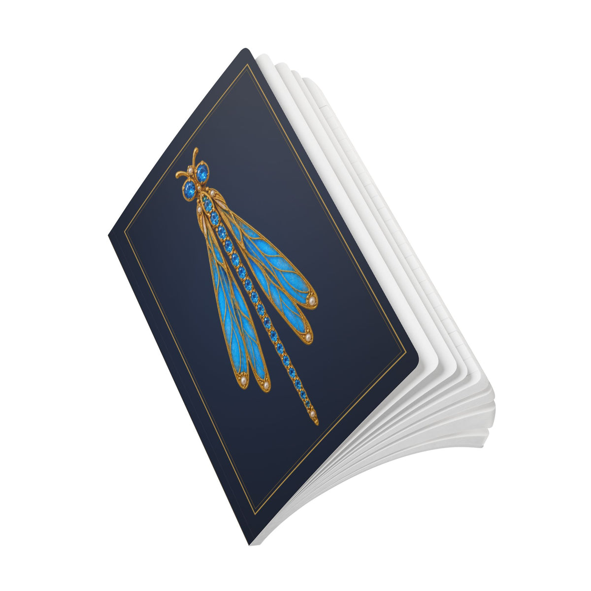 Jeweled blue topaz dragonfly journal with vintage brooch art on a navy cover, December birthstone gift, view 11