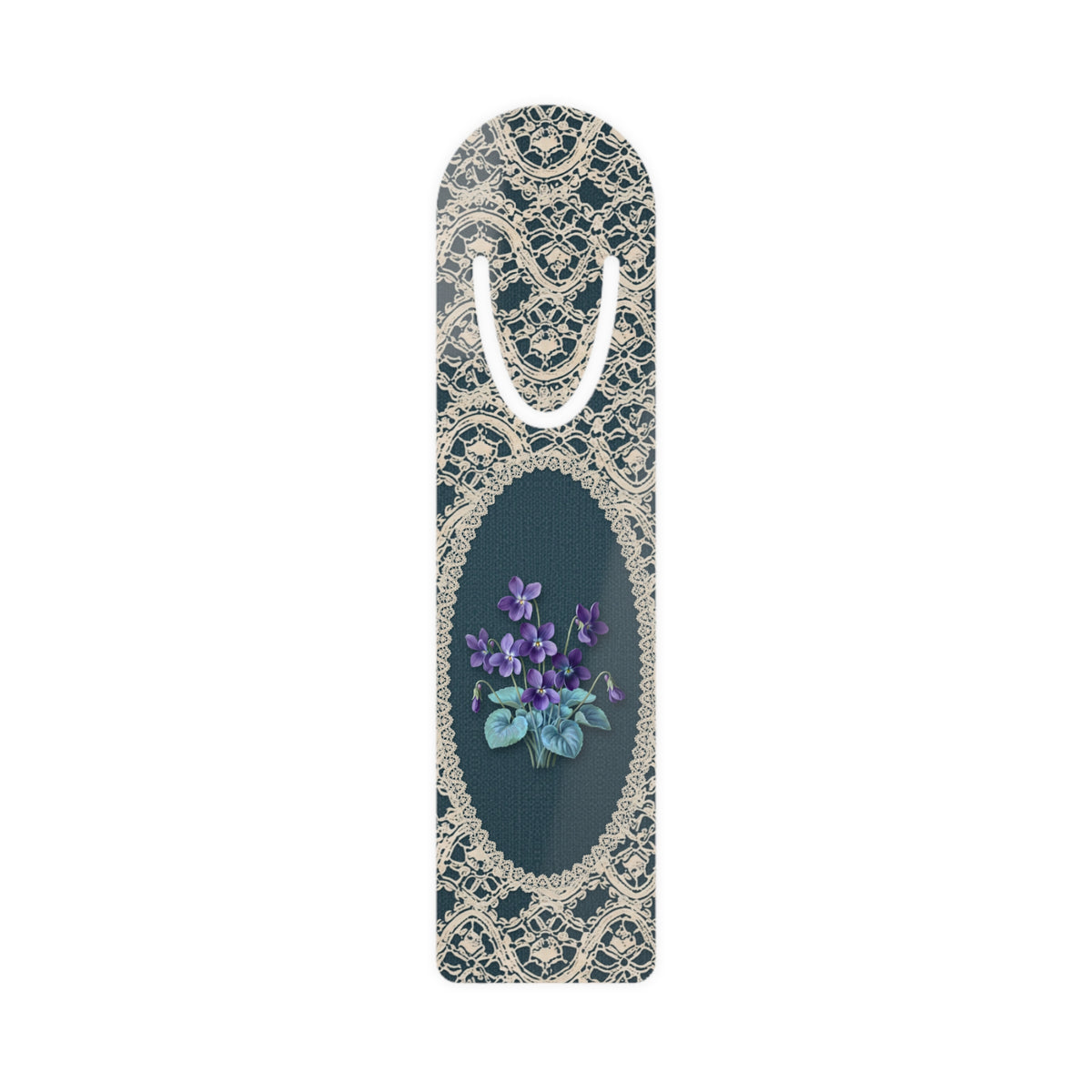 Metal bookmark with purple violet, the February birth flower, in vintage lace floral art