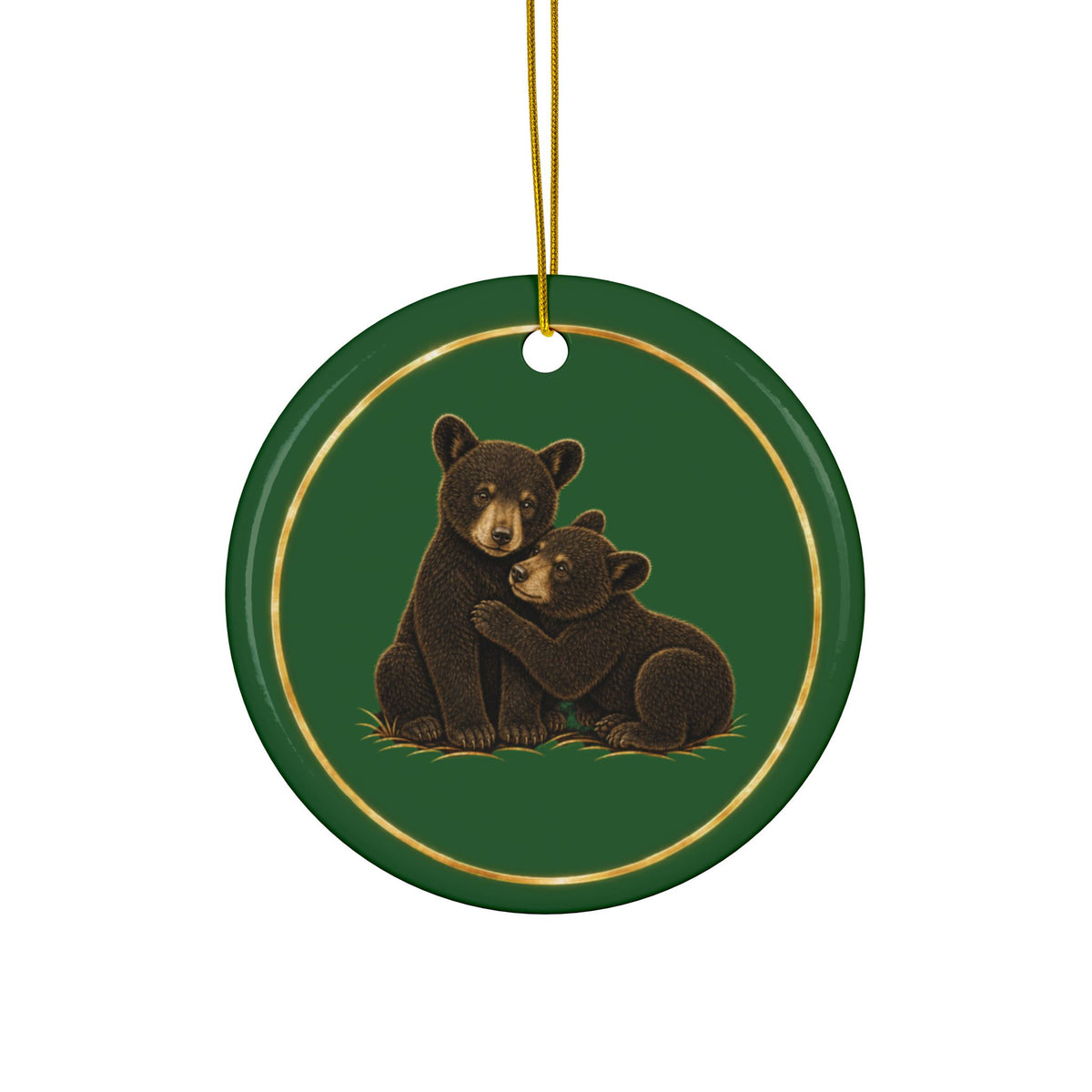 Bear Cubs Ornament, Woodland Creatures Christmas Ornament, Green and Gold Ceramic Ornament, Cabin Bear Gift