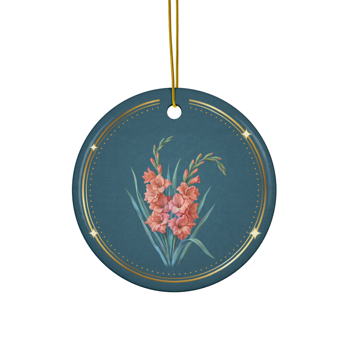 Personalized ceramic Christmas ornament with coral gladiolus, the August birth flower, view 3