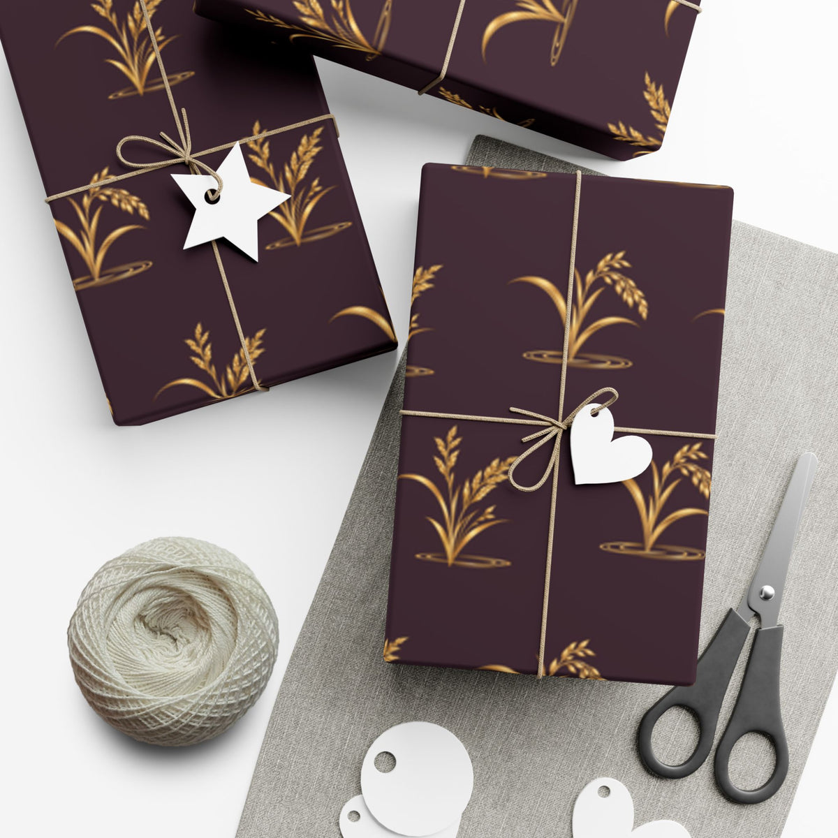 Elegant holiday wrapping paper with gold reeds and ducks on deep plum, view 10