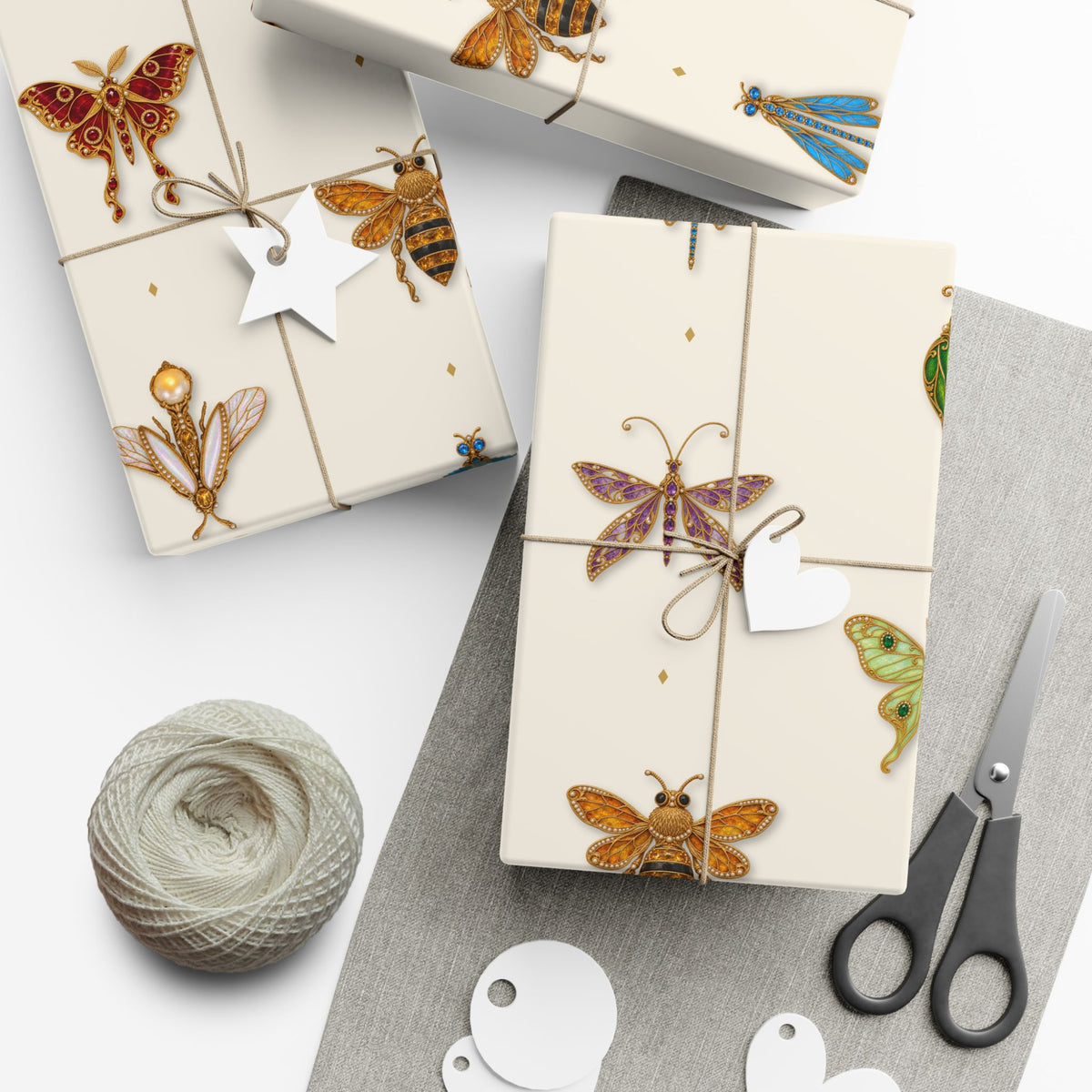 Jeweled Insect Wrapping Paper, Ivory Bridal Shower Gift Wrap, Vintage Brooch Bug Pattern, Elegant Wedding & Birthday Wrap