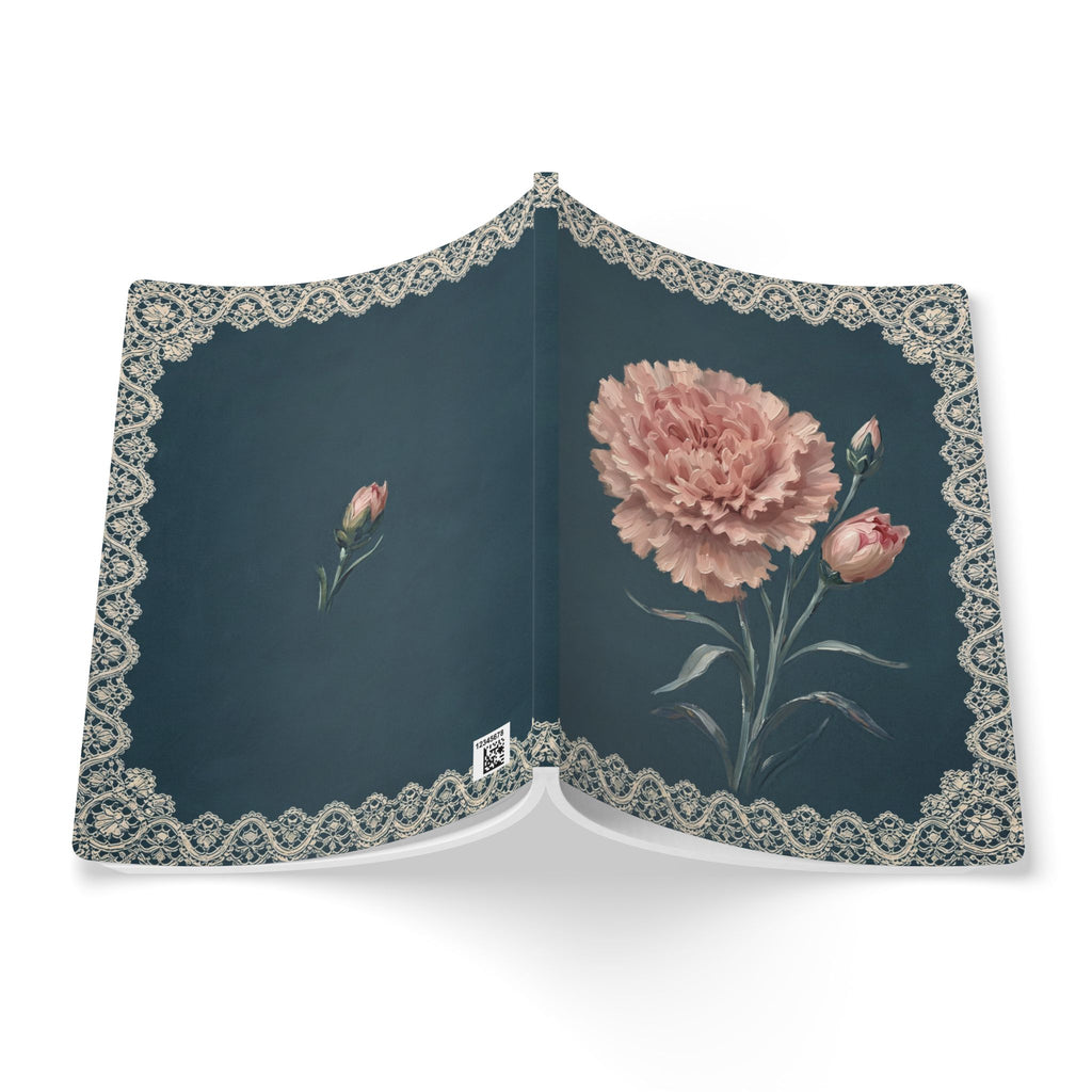 January birth flower journal with pink carnation oil painting art and lace border on a teal cover, view 8