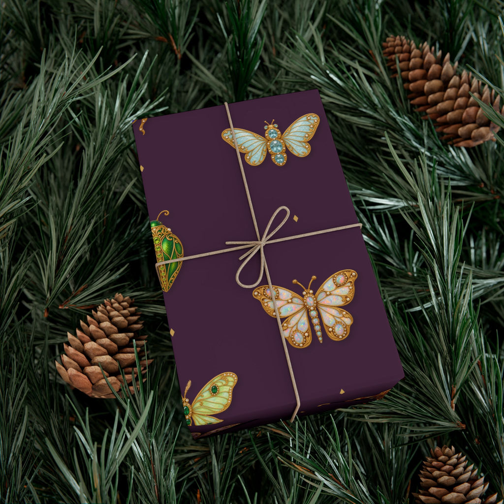Jeweled Insect Wrapping Paper, Deep Plum Gift Wrap, Vintage Brooch Bug Pattern, Luxe Holiday & Bridal Shower Wrap