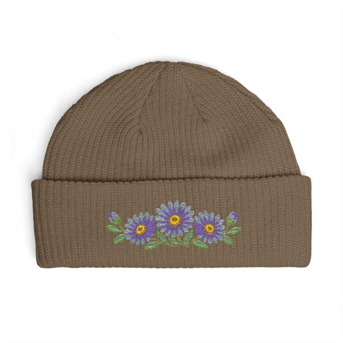 Cuffed knit beanie embroidered with the aster, September birth flower, view 4
