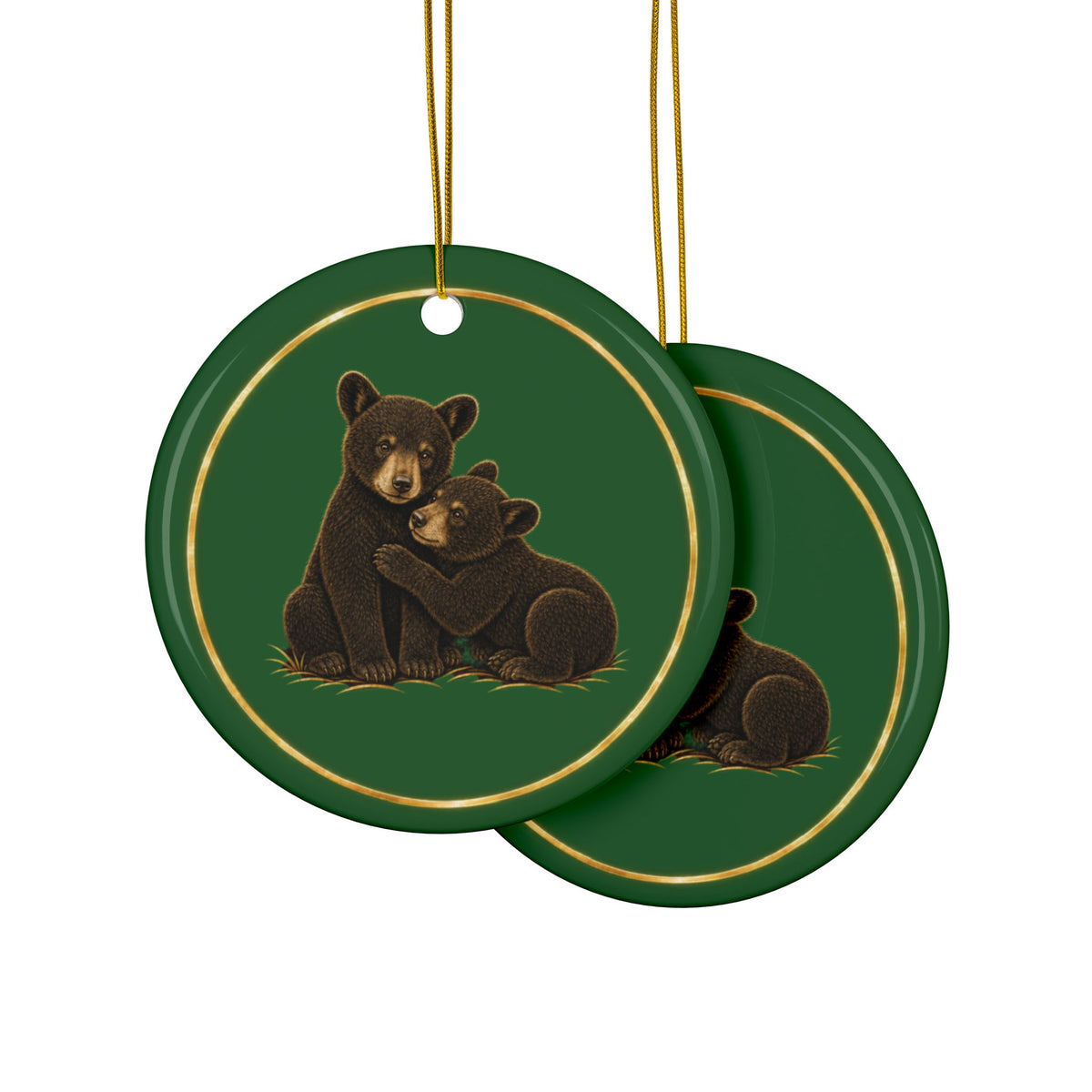 Bear Cubs Ornament, Woodland Creatures Christmas Ornament, Green and Gold Ceramic Ornament, Cabin Bear Gift