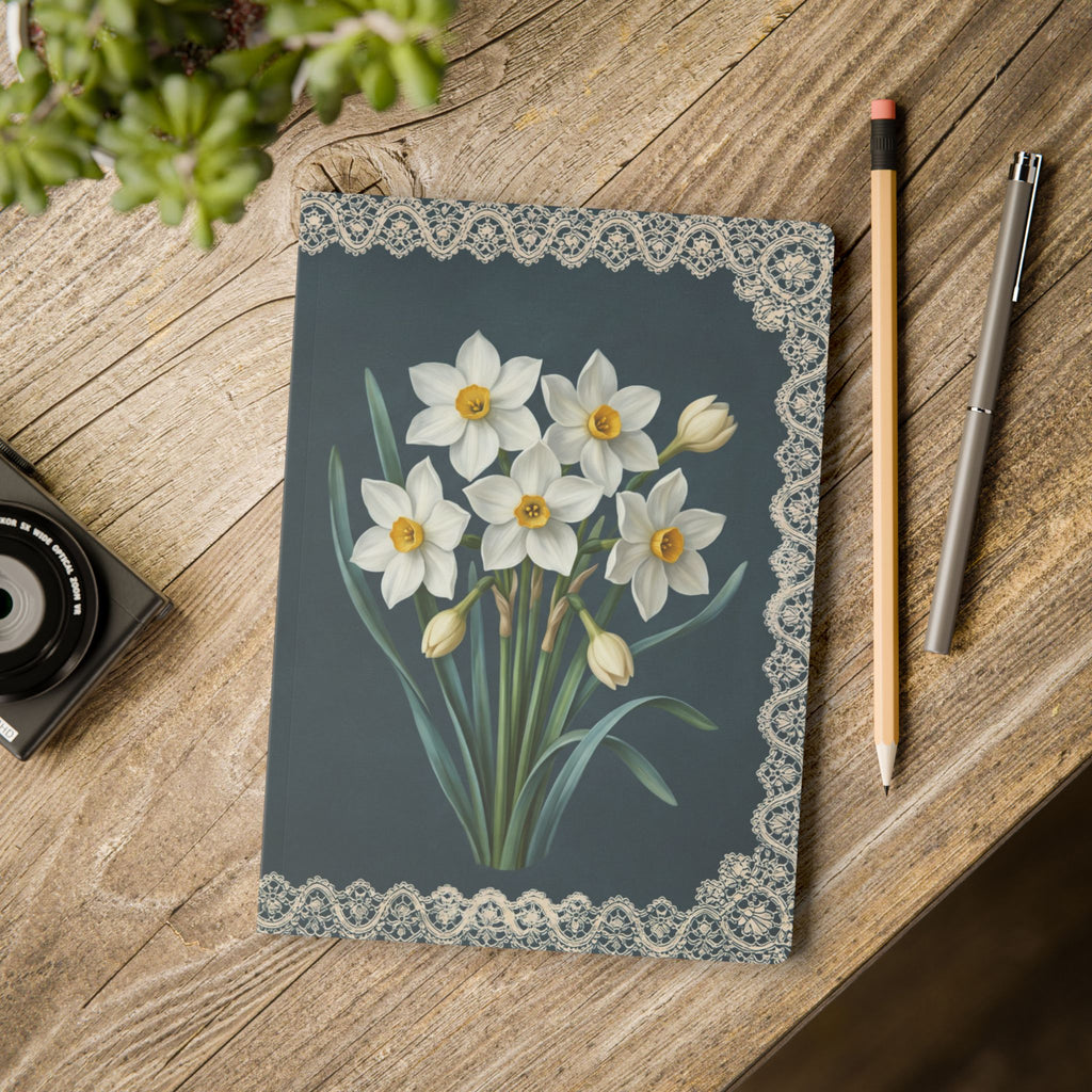 December birth flower journal with paperwhite narcissus oil painting art and lace border on a teal cover, view 11