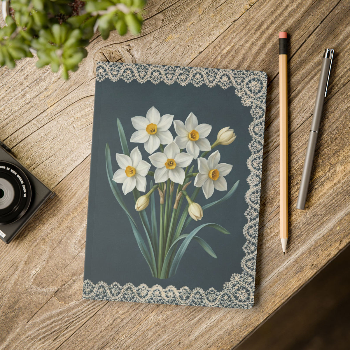 December birth flower journal with paperwhite narcissus oil painting art and lace border on a teal cover, view 11