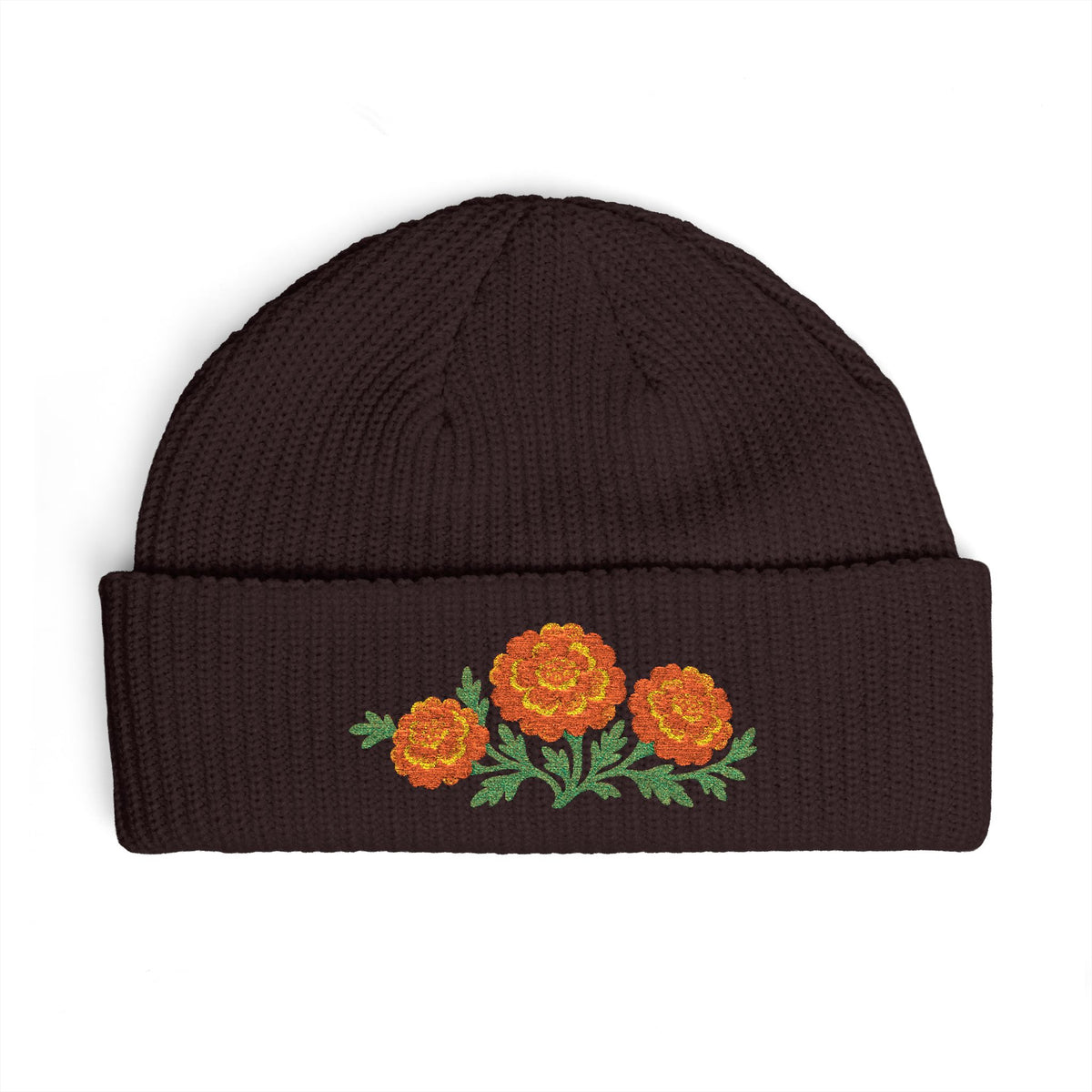 Cuffed knit beanie embroidered with the marigold, October birth flower