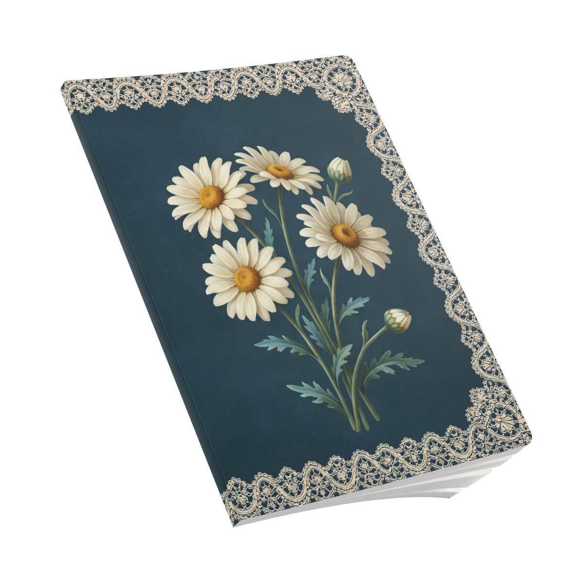 April birth flower journal with white daisy oil painting art and lace border on a teal cover, view 9