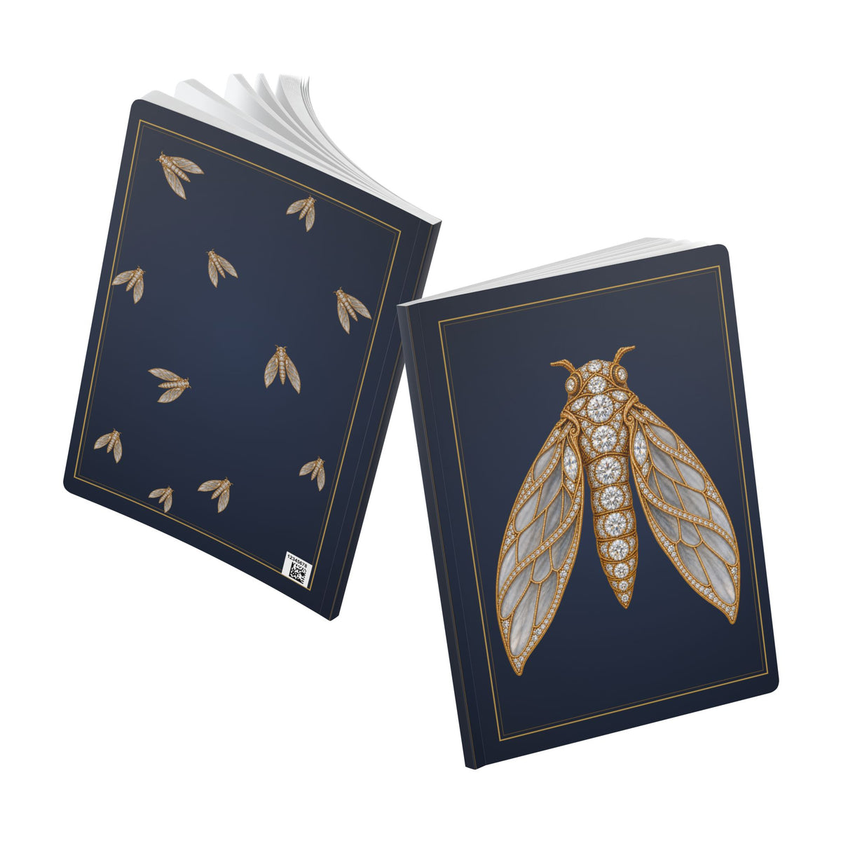 Jeweled diamond cicada journal with vintage brooch art on a navy cover, April birthstone gift