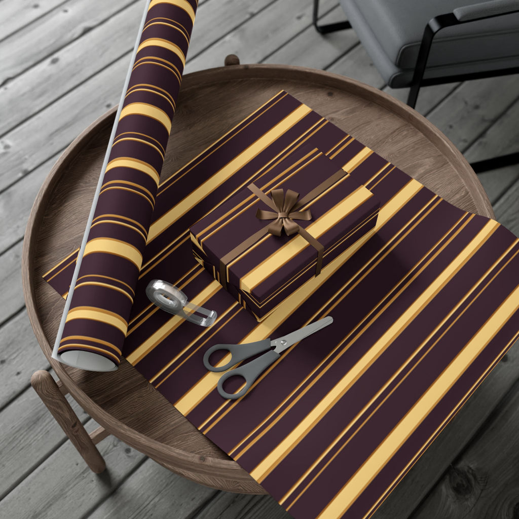 1960s-inspired gold stripe wrapping paper on deep plum, view 10