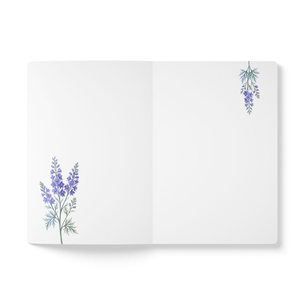 July birth flower journal with blue larkspur oil painting art and lace border on a teal cover, view 5