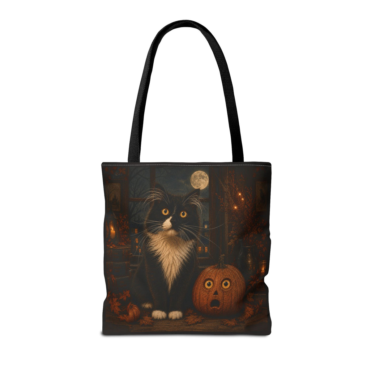Frazzled tuxedo cat and vintage pumpkin tote bag, view 3