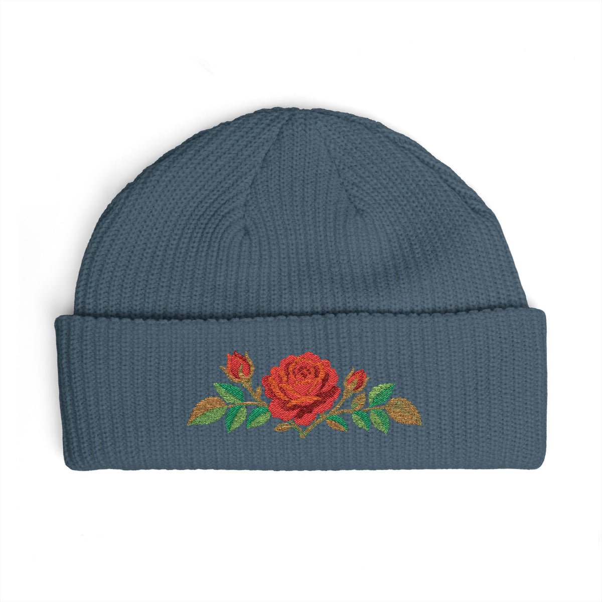Cuffed knit beanie embroidered with the rose, June birth flower, view 6