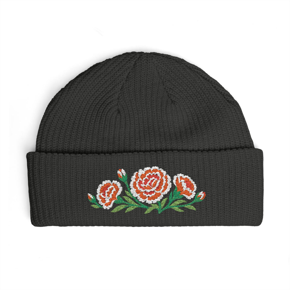 Cuffed knit beanie embroidered with the carnation, January birth flower