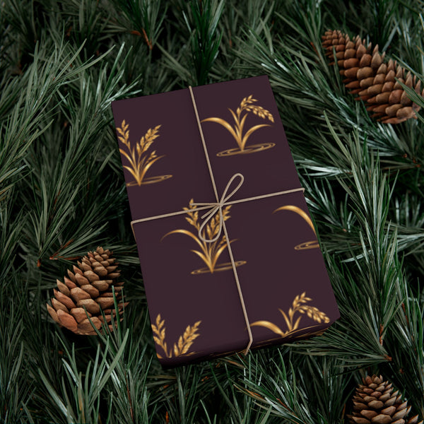 Elegant holiday wrapping paper with gold reeds and ducks on deep plum