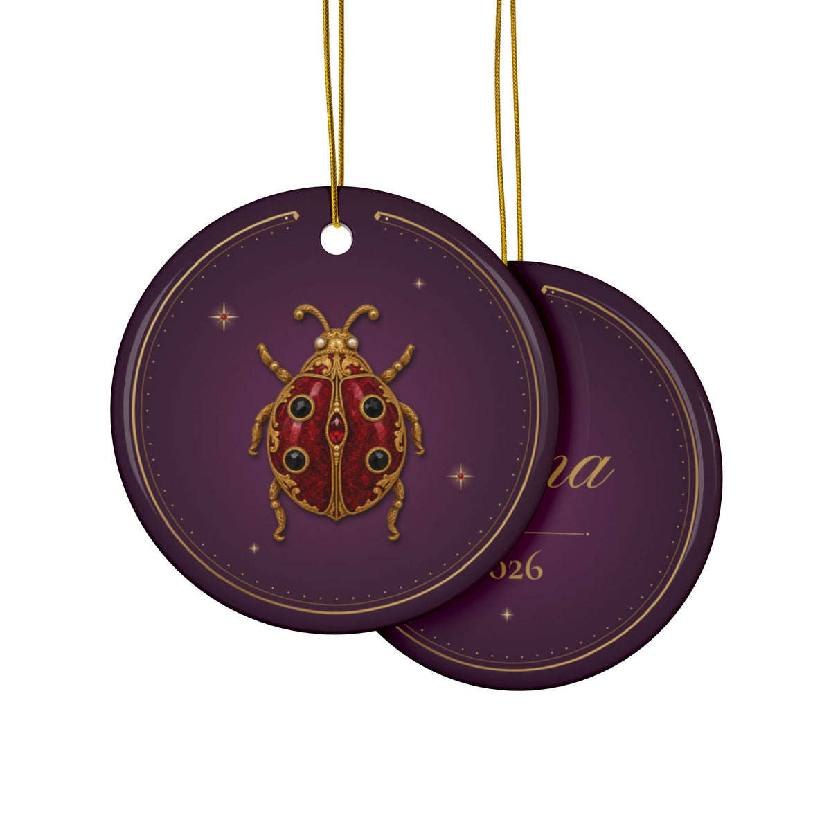 Personalized ceramic Christmas ornament with jeweled garnet ladybug, January birthstone, view 3